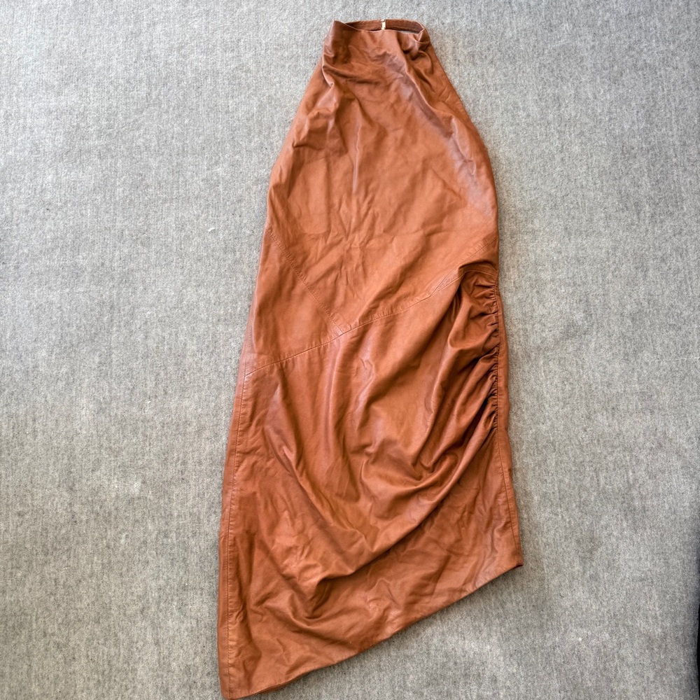 Lamarque camel leather halter dress asymmetrical bottom midi S